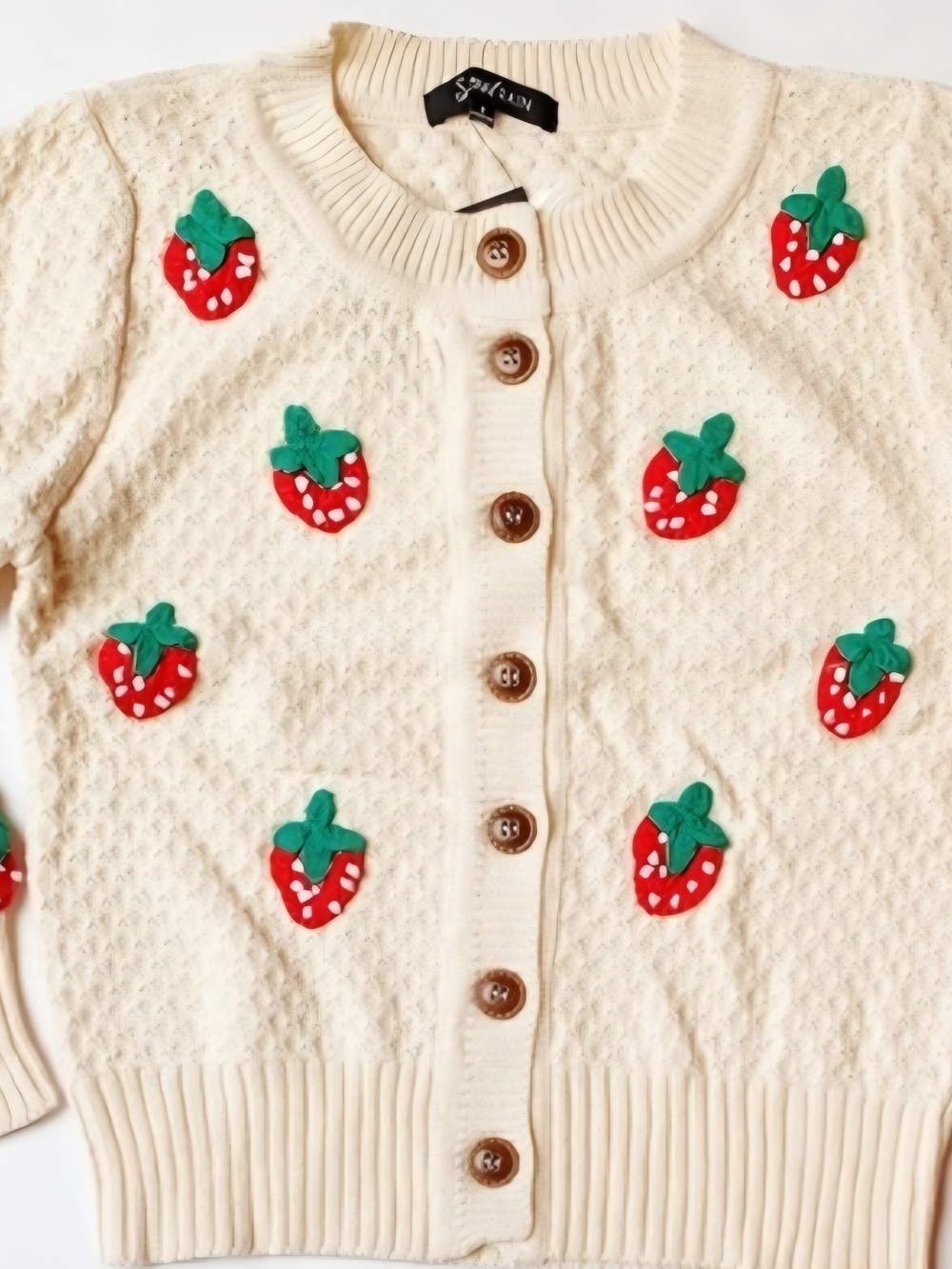 Modcloth Womens Cream Strawberry Appliqué Cardigan Sweater